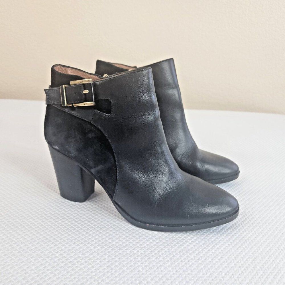 Louise et Cie Lo Vasca Black Leather Booties Boots Suede Block Heel 8 M